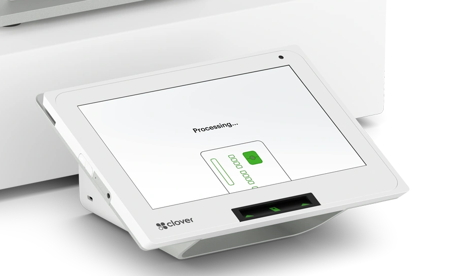 Close-up front view of the Clover payment terminal screen used by Moozo Payments